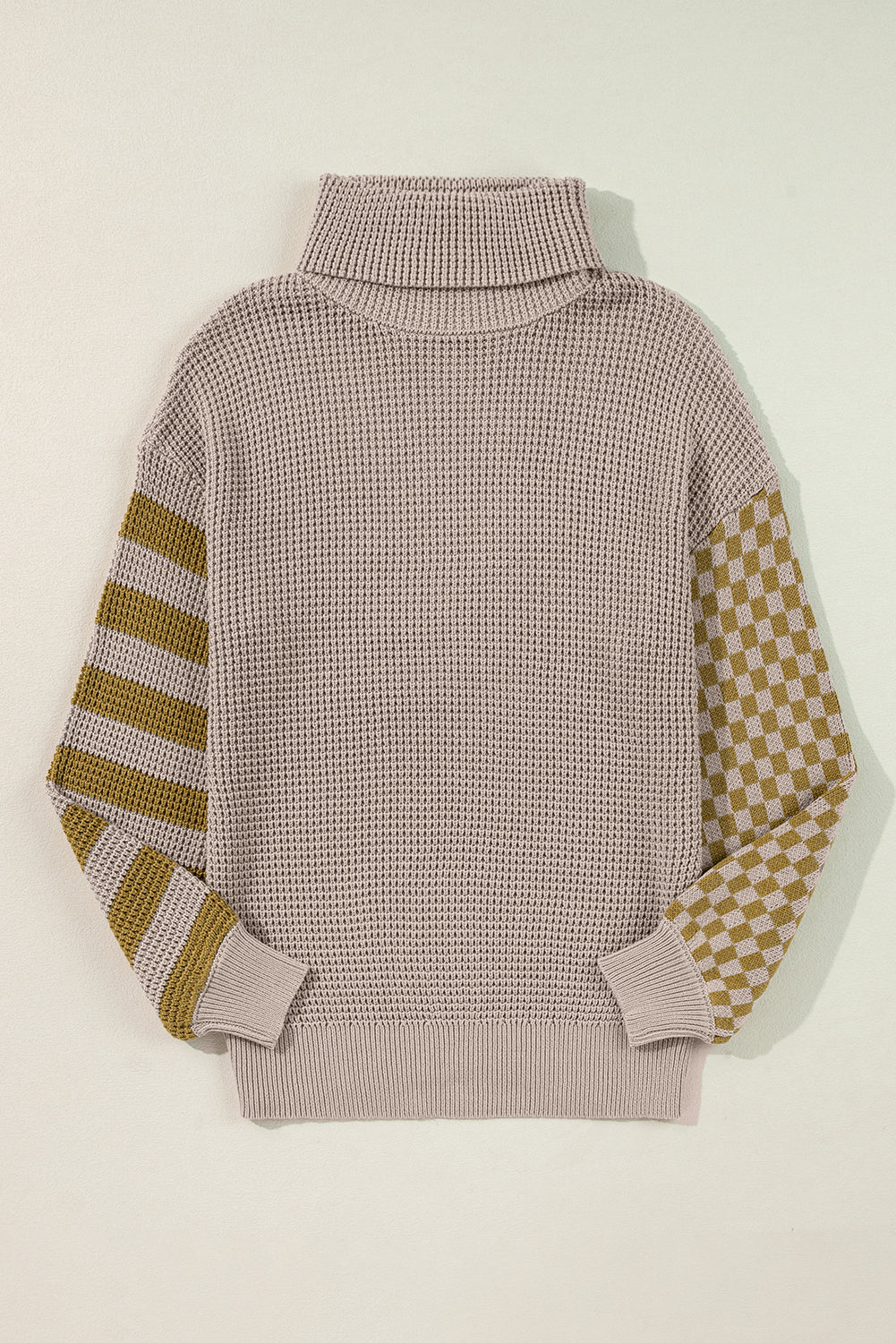 Smoke Gray Striped Plaid Waffle Knit Turtleneck Sweater