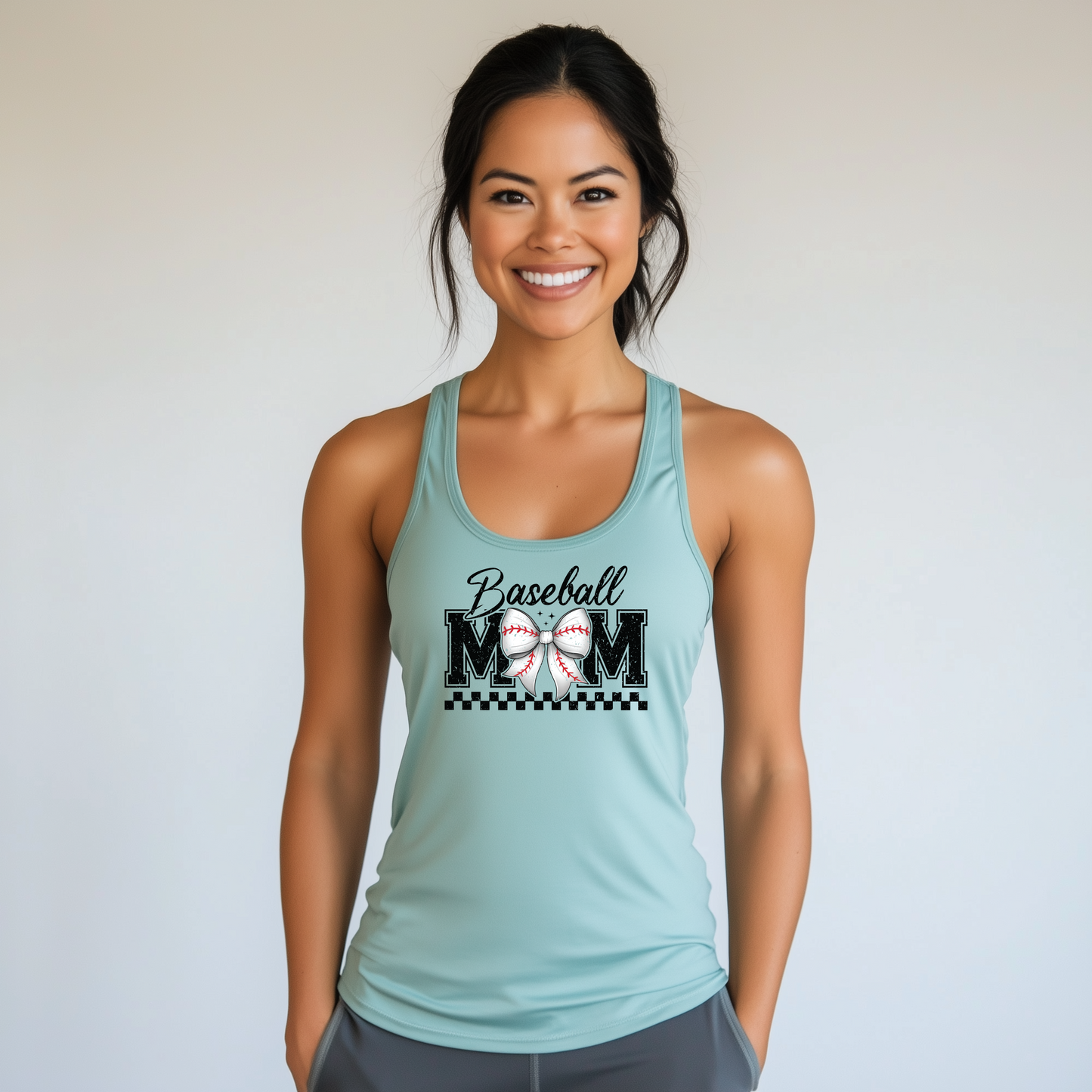 Baseball Mom Racerback Tank Top – Casual & Girly with Bow Design