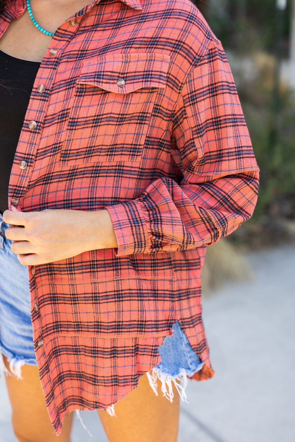 Plaid Long Sleeve Side Distressed Shirt