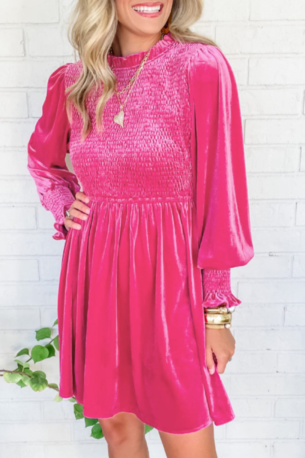 Red Smocked Lantern Sleeve Frilled Velvet Dress