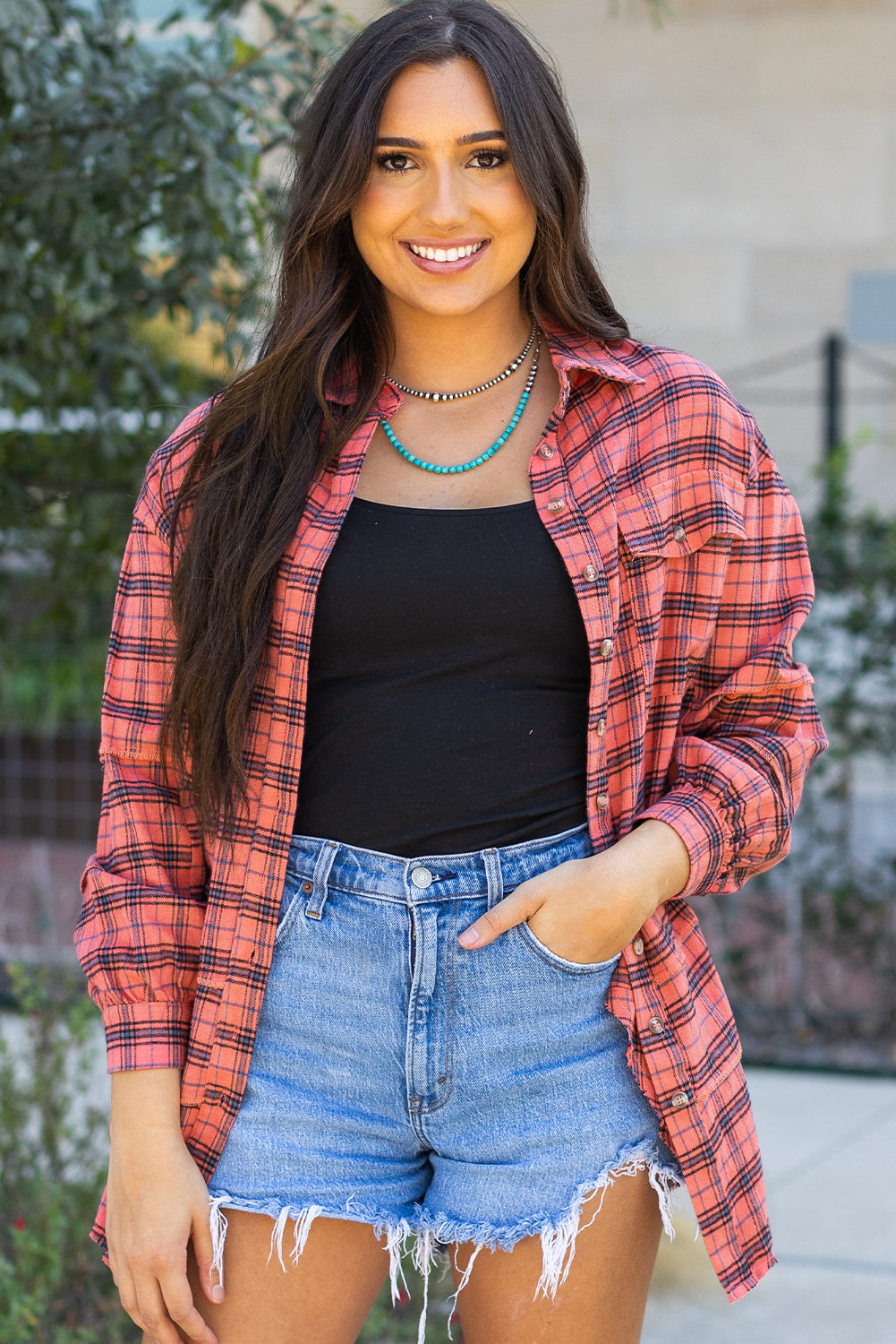 Plaid Long Sleeve Side Distressed Shirt