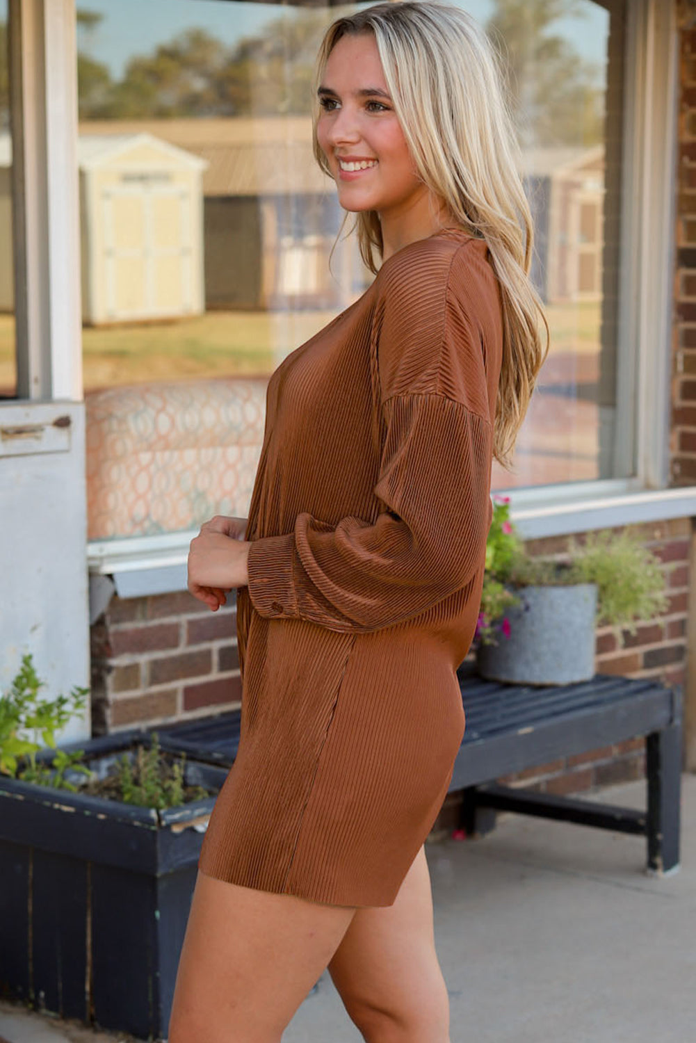 Cute Solid-Color Ribbed Textured Romper with Button-Up Closure