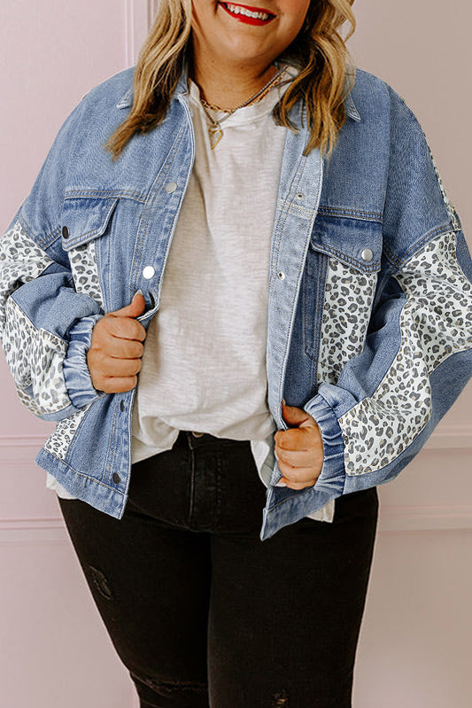 Plus-Size Denim Jacket with Trendy Leopard Patchwork and Flap Detail