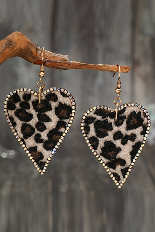Bold Leopard Print Heart-Shaped Earrings with Sparkling Rhinestone Edges