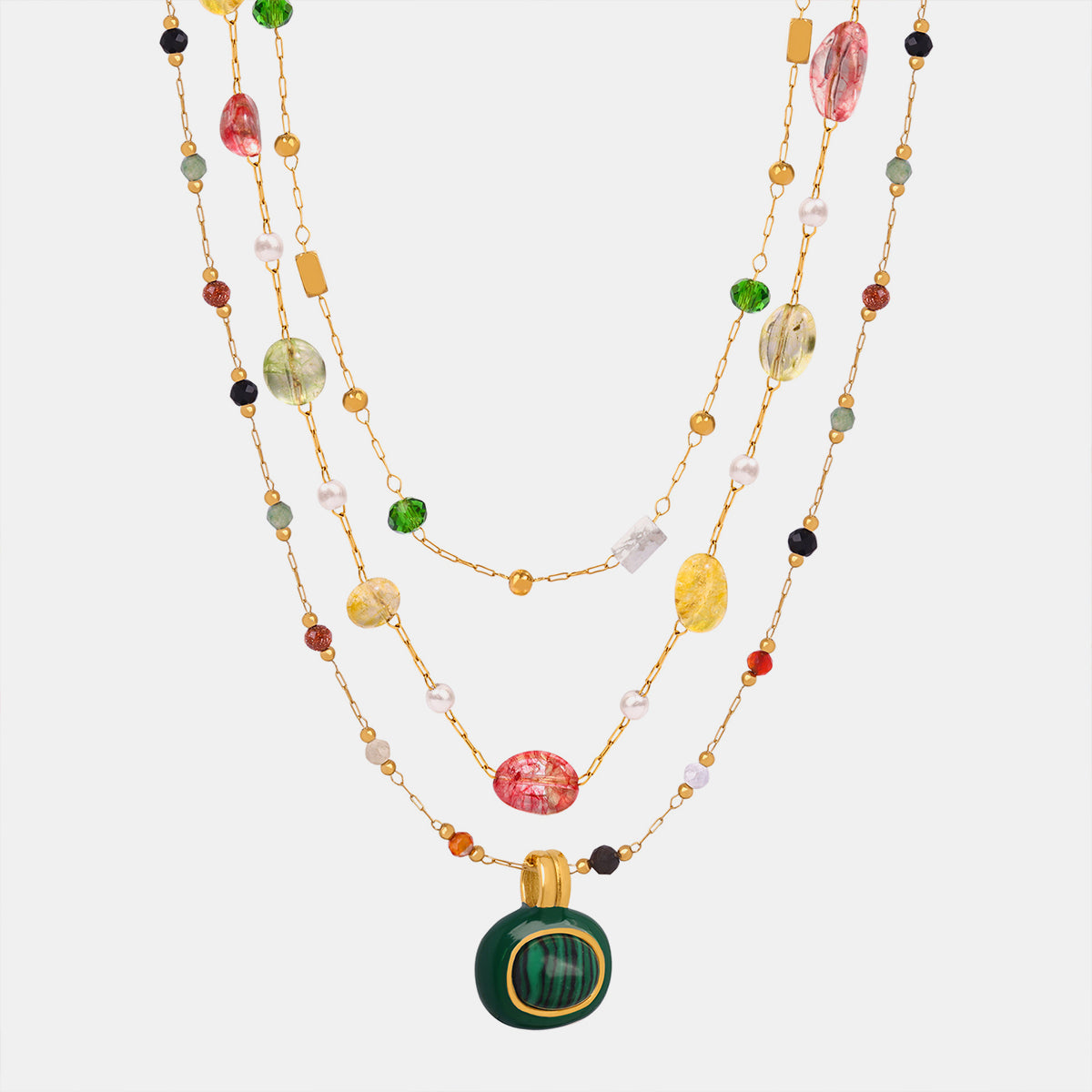 2-Piece Pearl & Natural Stone Necklace with Gold-Plated Beads and Oil Drip Charm