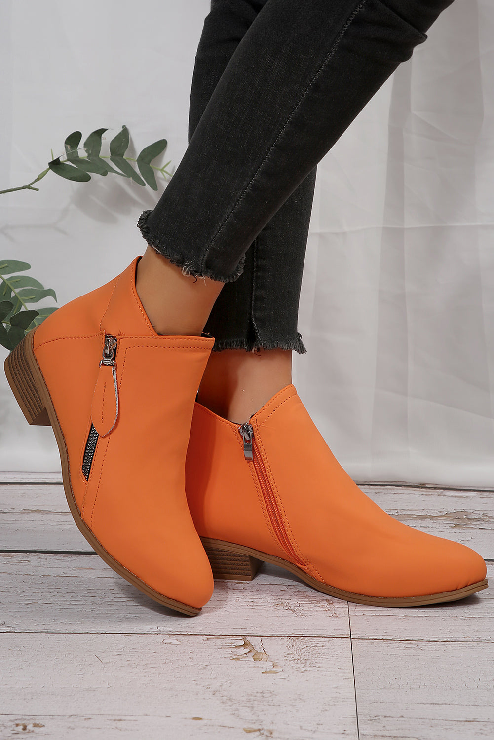 White Faux Leather Double Zip Low Heel Ankle Boots