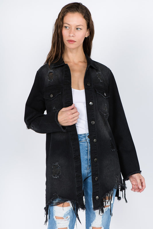 Trendy Distressed Frayed Hem Denim Jacket for Effortlessly Cool Style