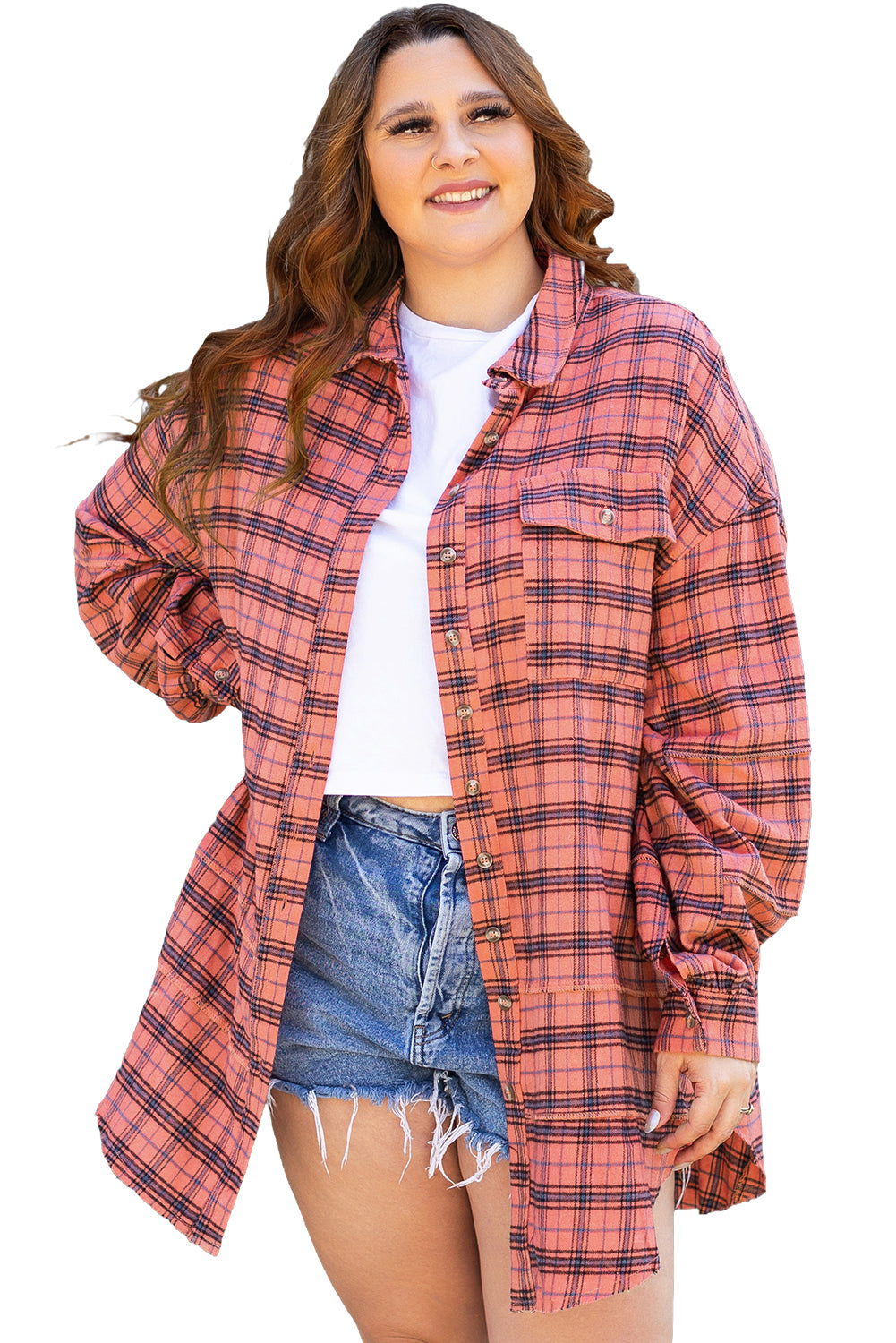 Plaid Long Sleeve Side Distressed Shirt