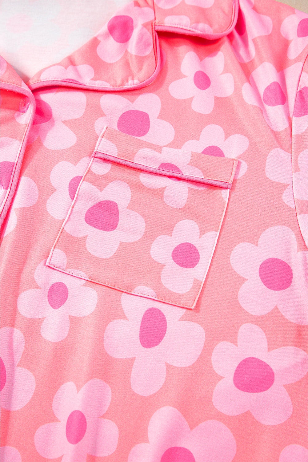 Pink Floral Print Short Sleeve Shirt Pajamas Set