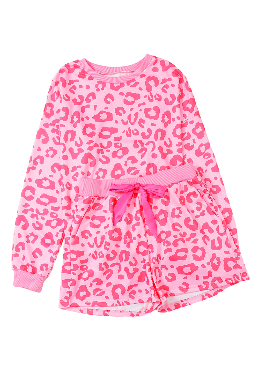Pink Leopard Long Sleeve Satin Two Piece Set