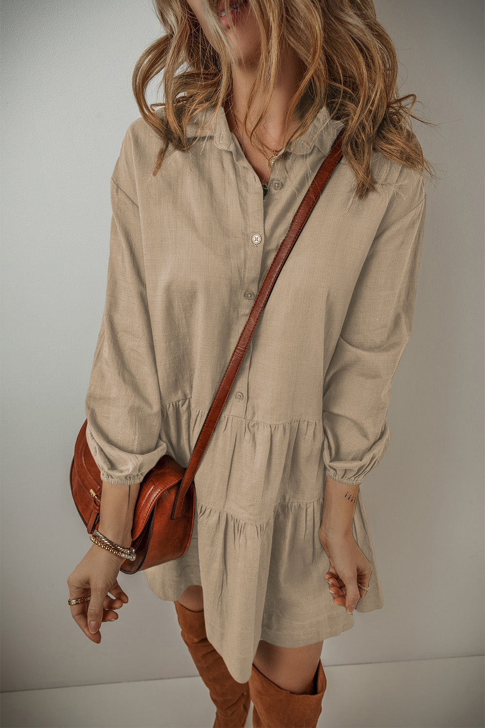 Tiered Pleated Shirt Mini Dress