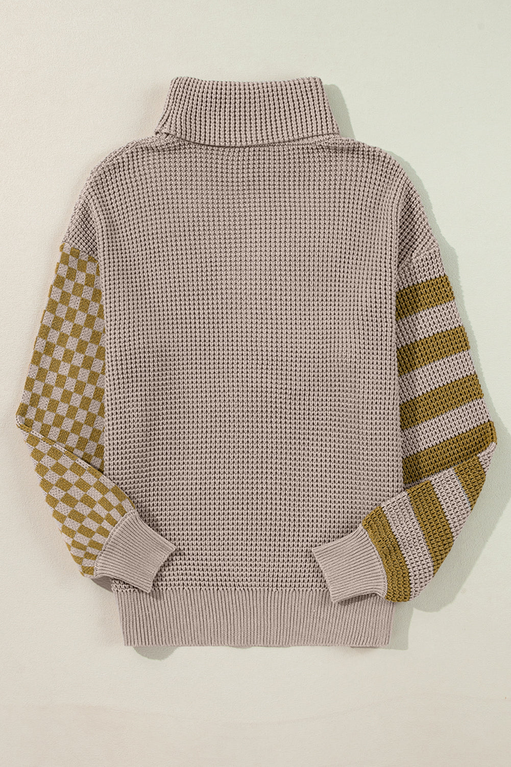 Smoke Gray Striped Plaid Waffle Knit Turtleneck Sweater