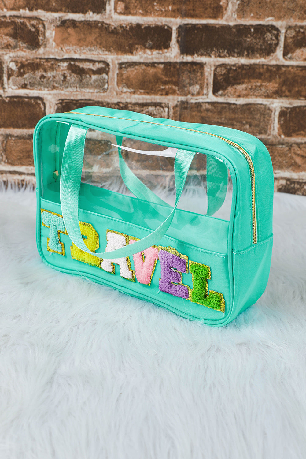 Mint Green TRAVEL Chenille Letter Clear Makeup Bag