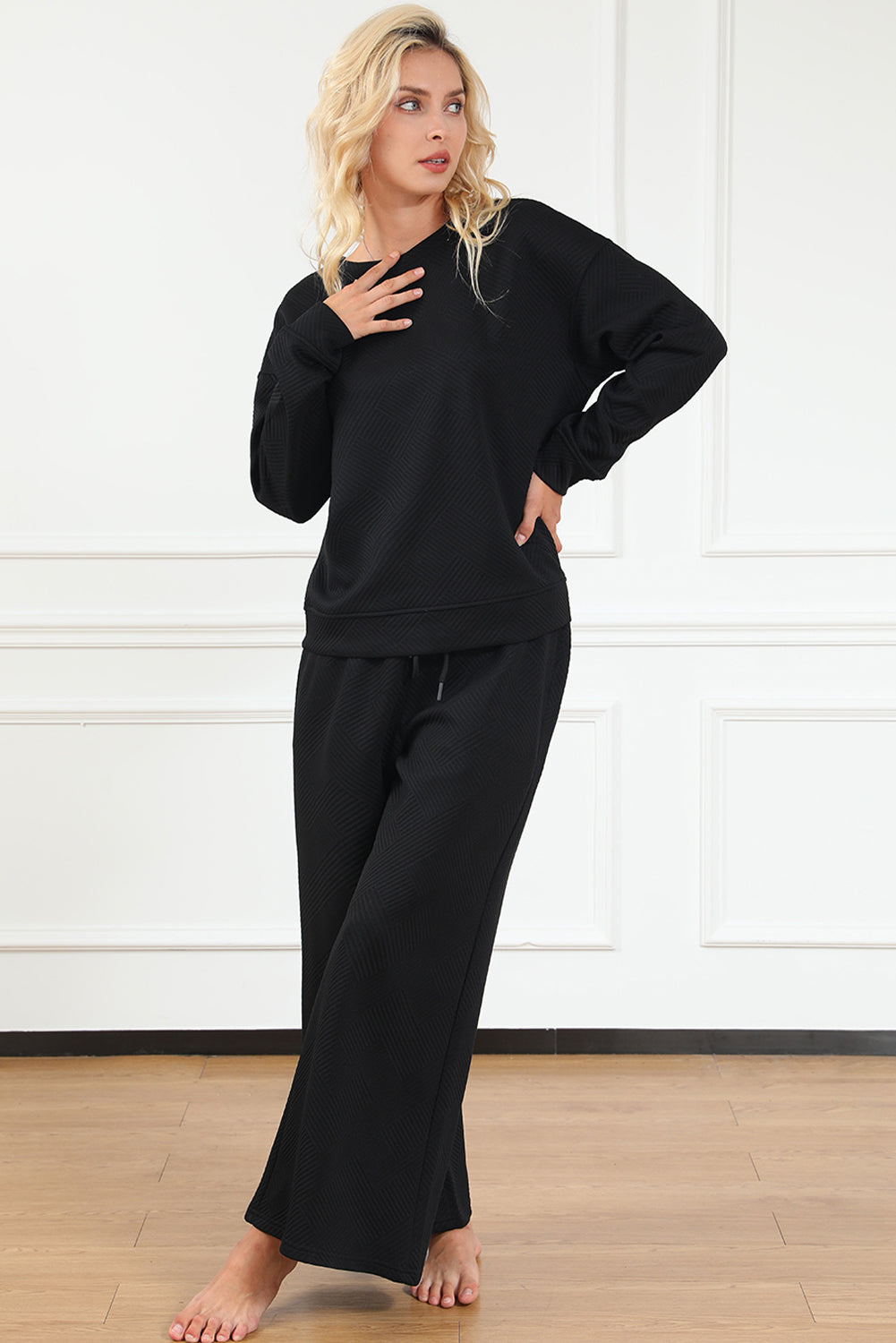Textured Loose Slouchy Long Sleeve Top and Pants Set