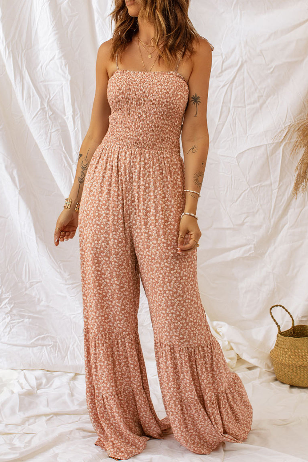 Floral Spaghetti Strap Jumpsuit with Smoked Bodice and Wide Leg