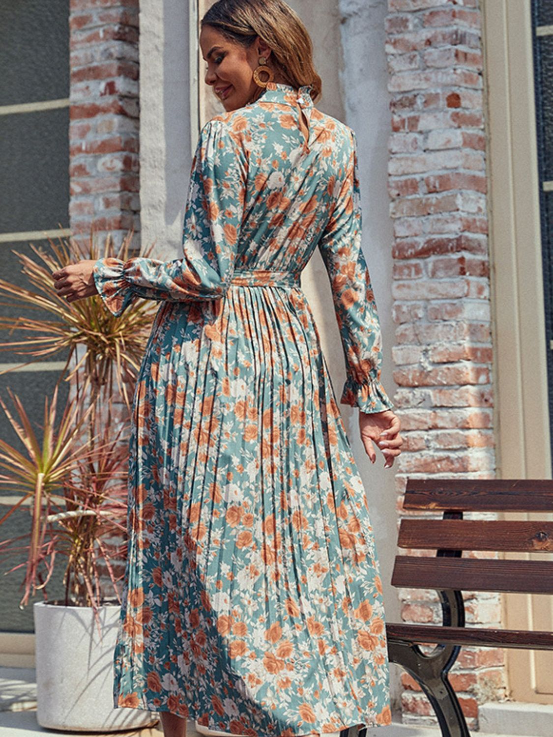 Tied Pleated Floral Printed Mock Neck Long Sleeve Dress