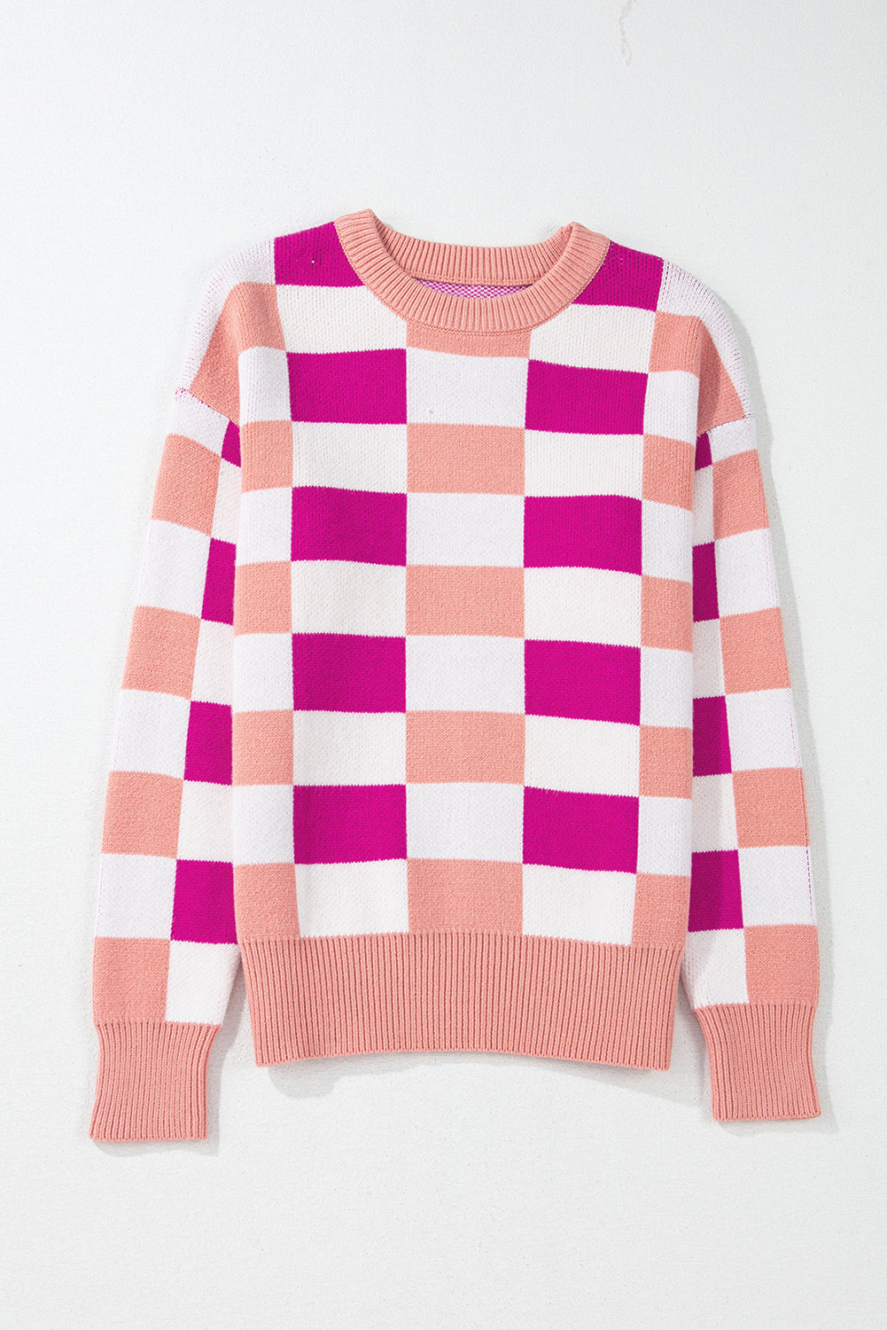 Pink Checkered Ribbed Edge Shoulder Sweater