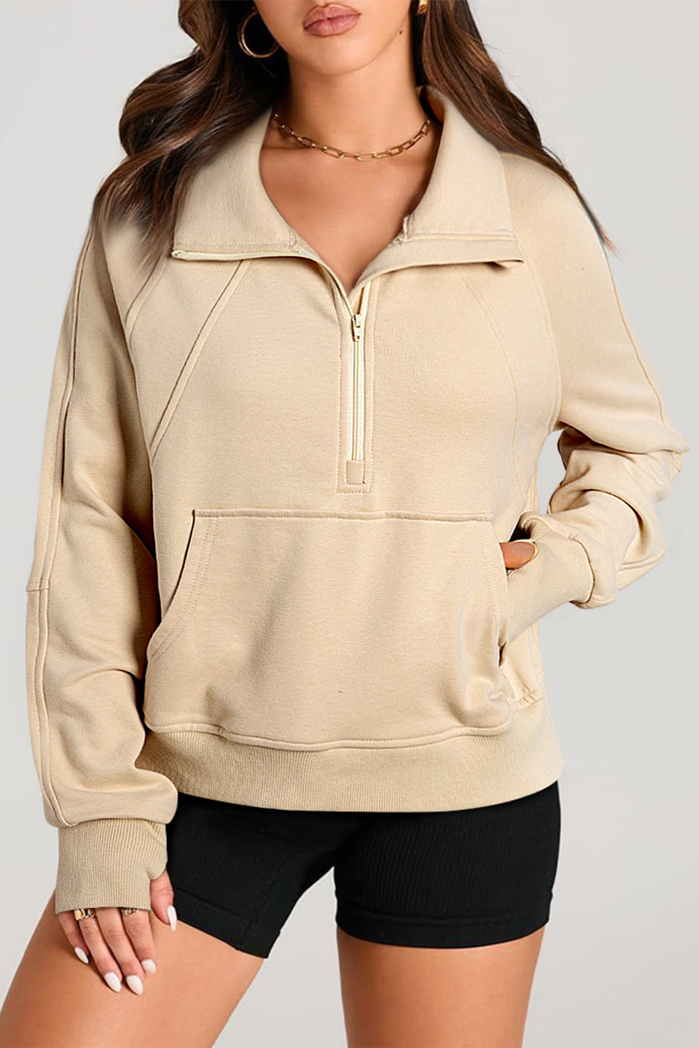 Versatile Stand Neck Quarter Zip Pullover with Kangaroo Pocket