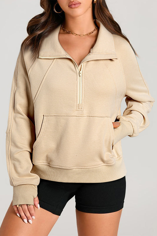 Versatile Stand Neck Quarter Zip Pullover with Kangaroo Pocket