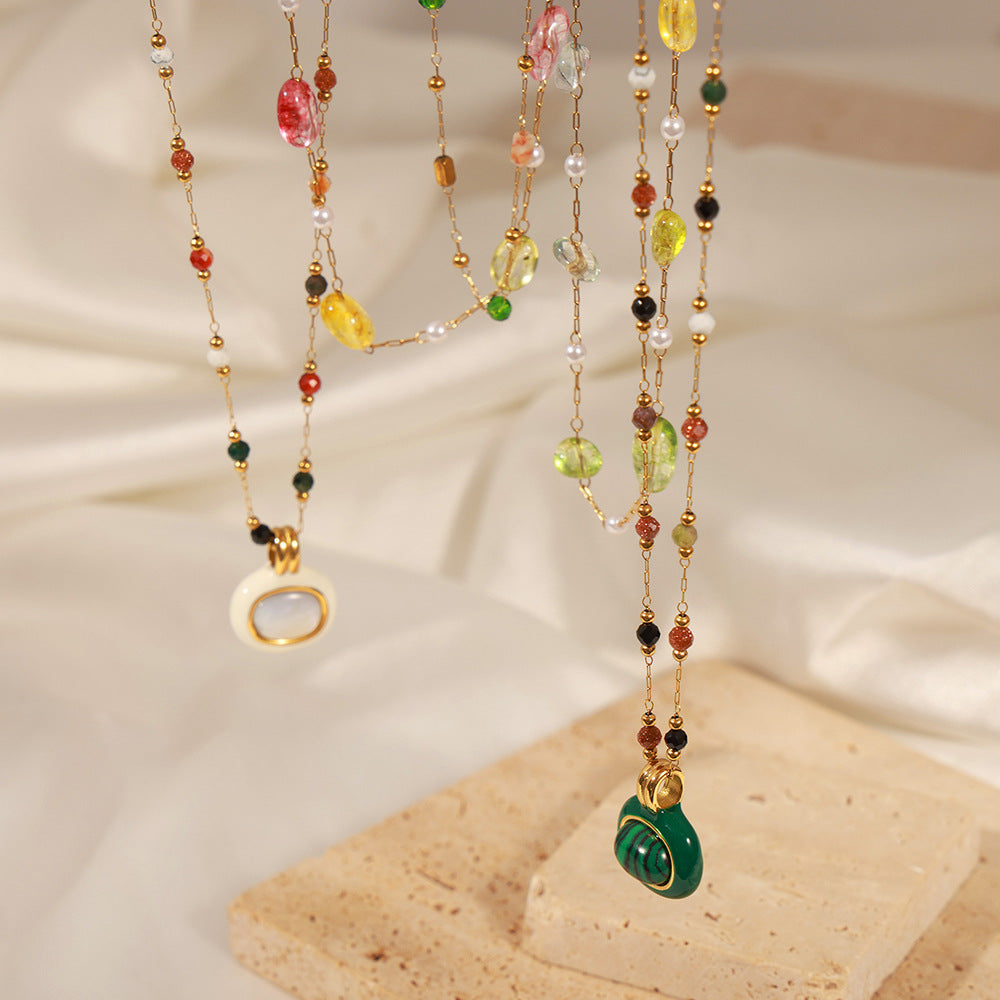 2-Piece Pearl & Natural Stone Necklace with Gold-Plated Beads and Oil Drip Charm