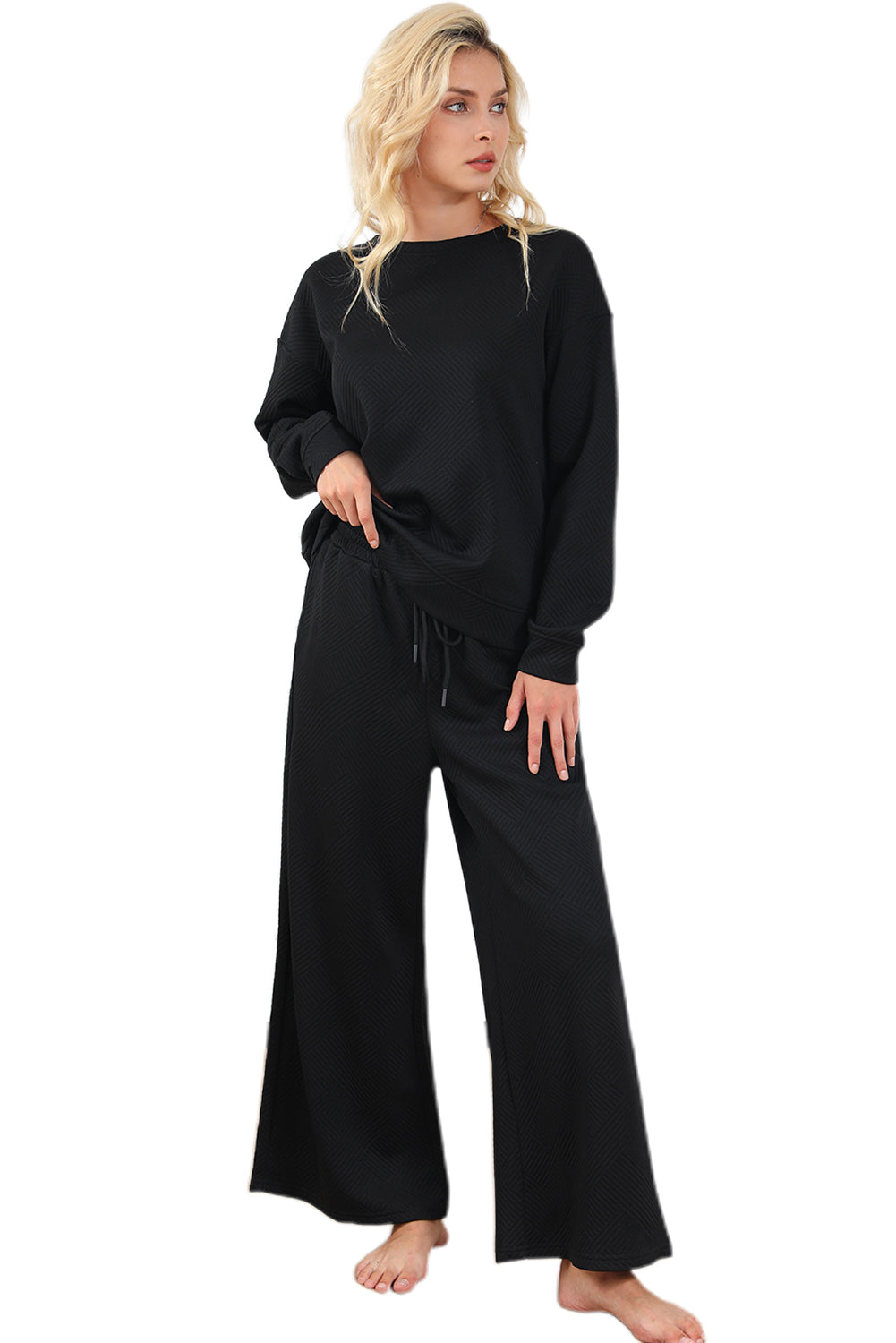 Textured Loose Slouchy Long Sleeve Top and Pants Set