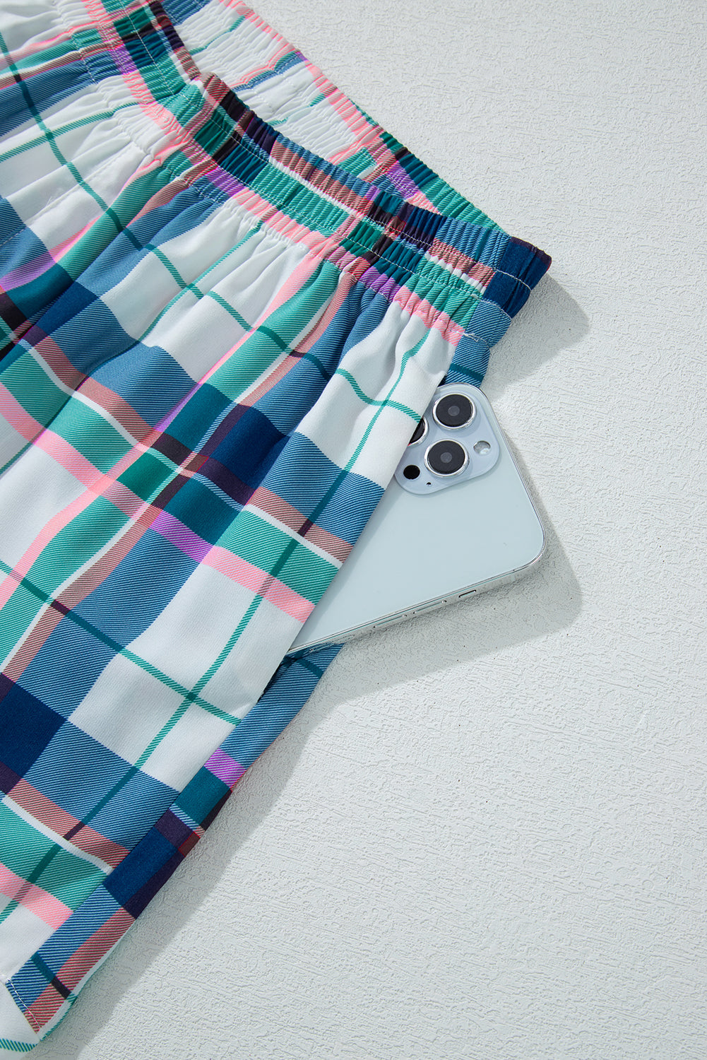 Blue Plaid Print Shirt and Shorts Lounge Set