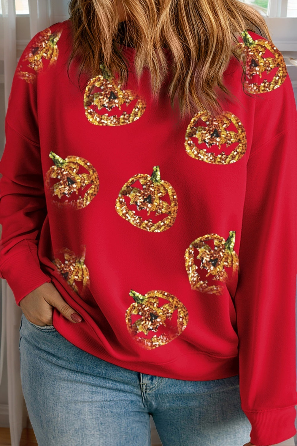 Apricot Sequin Pumpkin Face Graphic Plus Size Halloween Sweatshirt