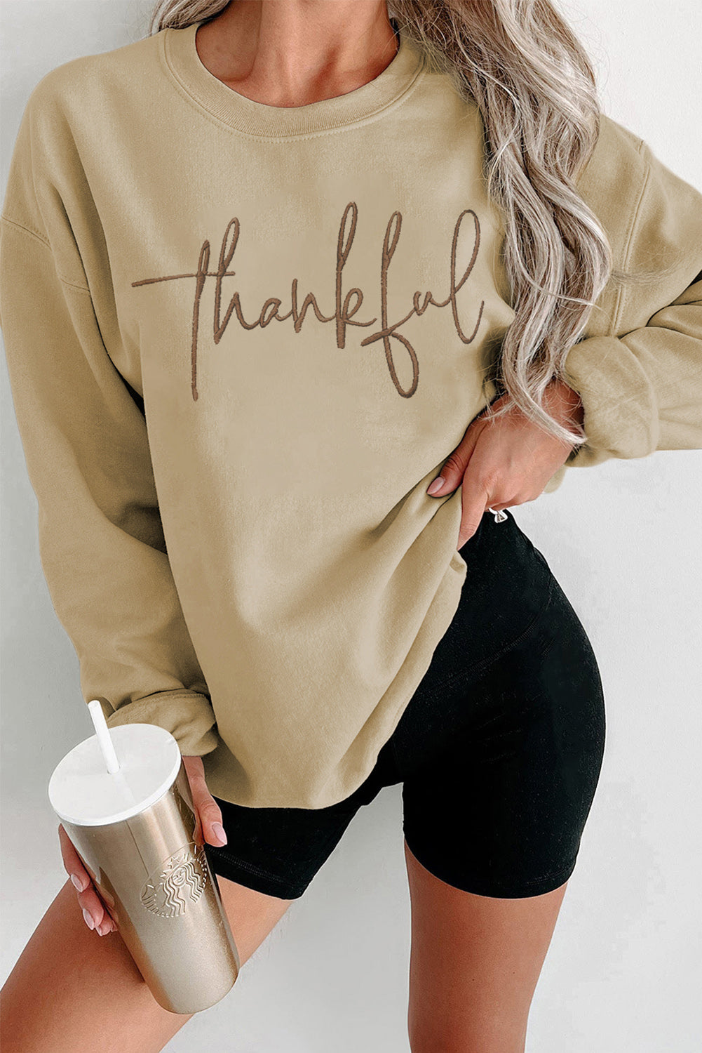 thankful Embroidered Drop Shoulder Pullover Sweatshirt