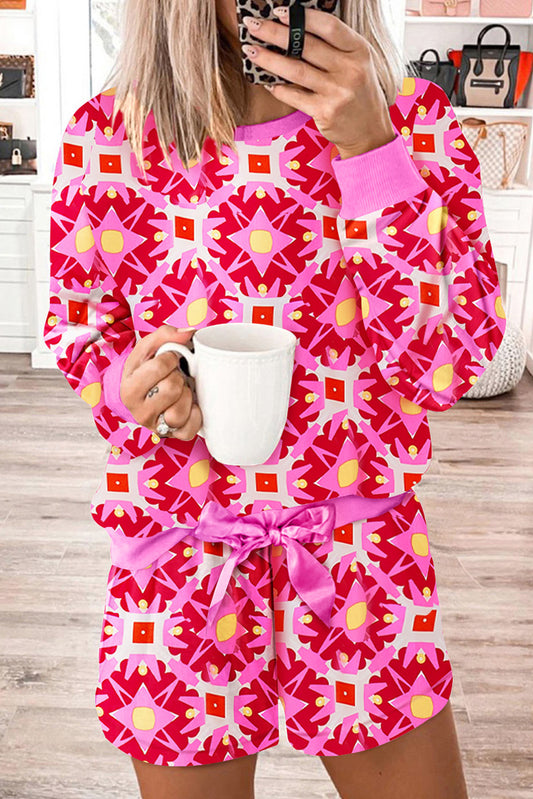 Geometric Print Lounge Set with Long Sleeves and Drawstring Waist Shorts