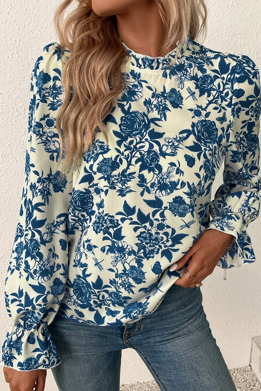 Floral Print Mock Neck Flounce Sleeve Blouse