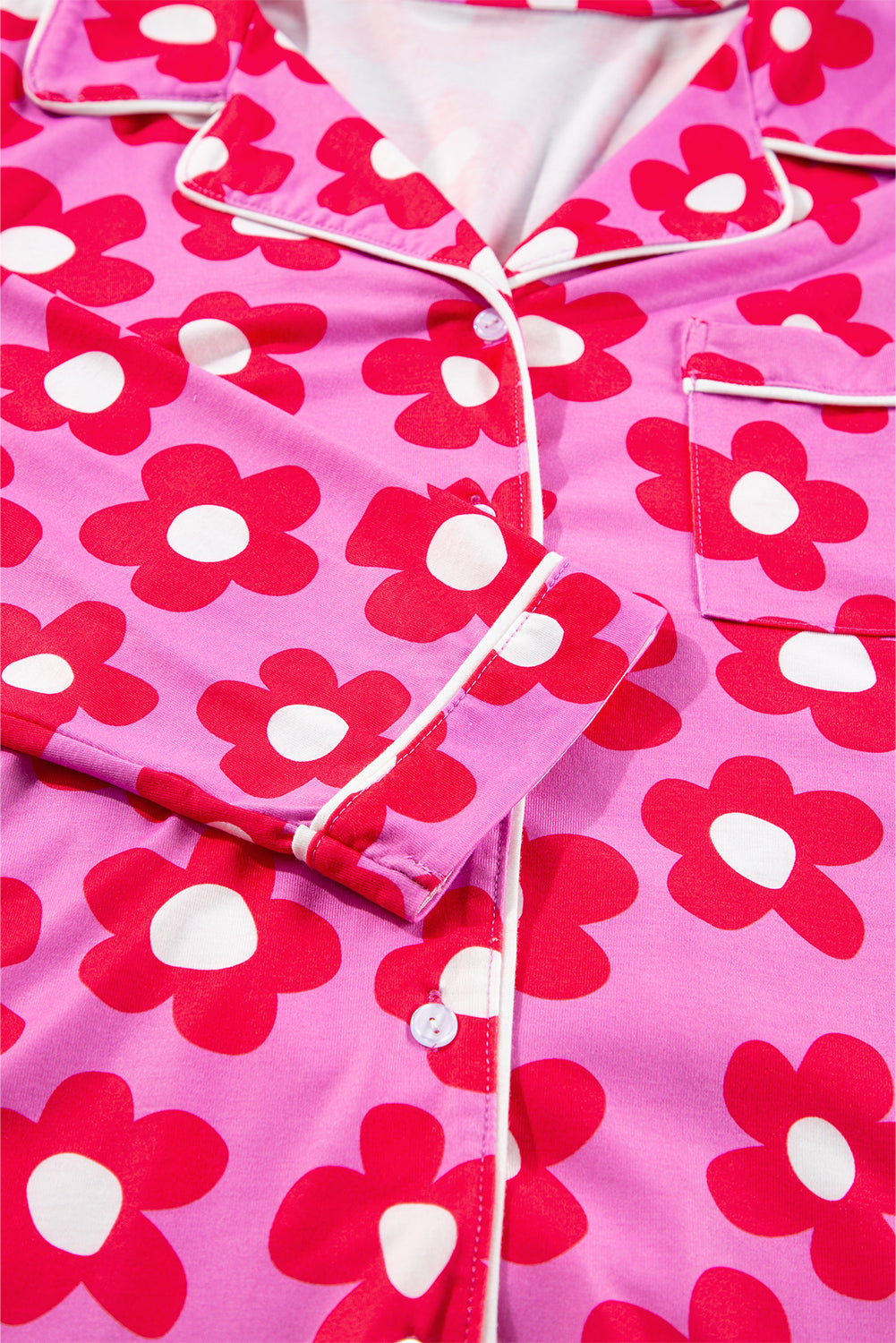 Pink Floral Print Long Sleeve Shirt Shorts Pajamas Set