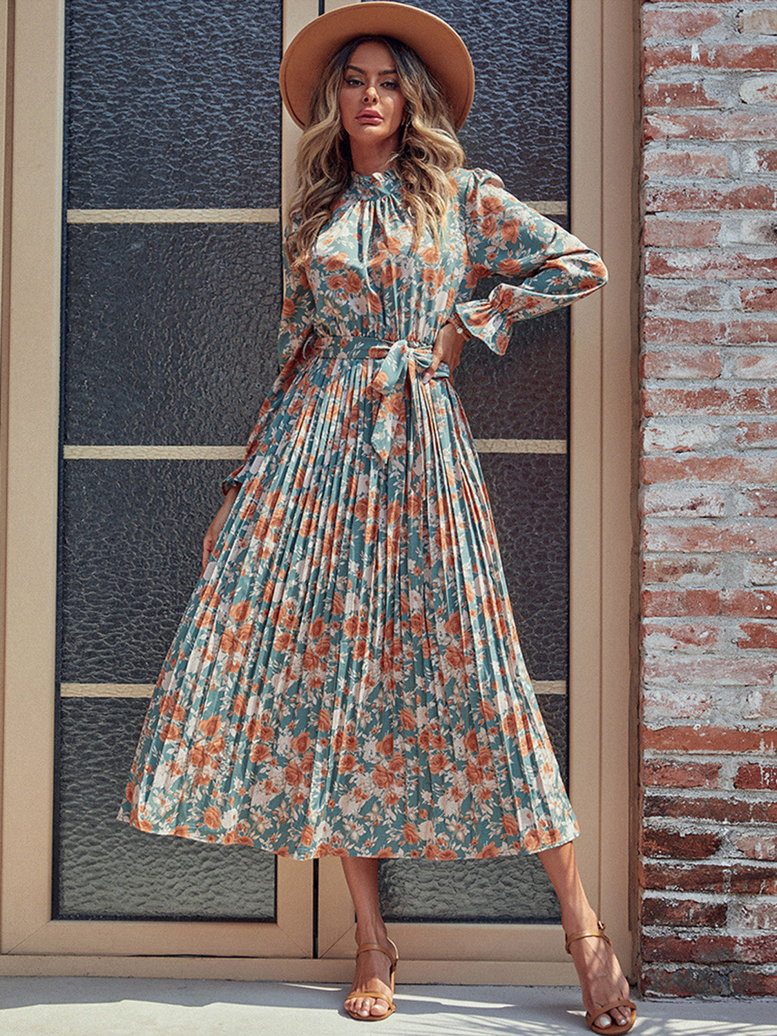 Tied Pleated Floral Printed Mock Neck Long Sleeve Dress