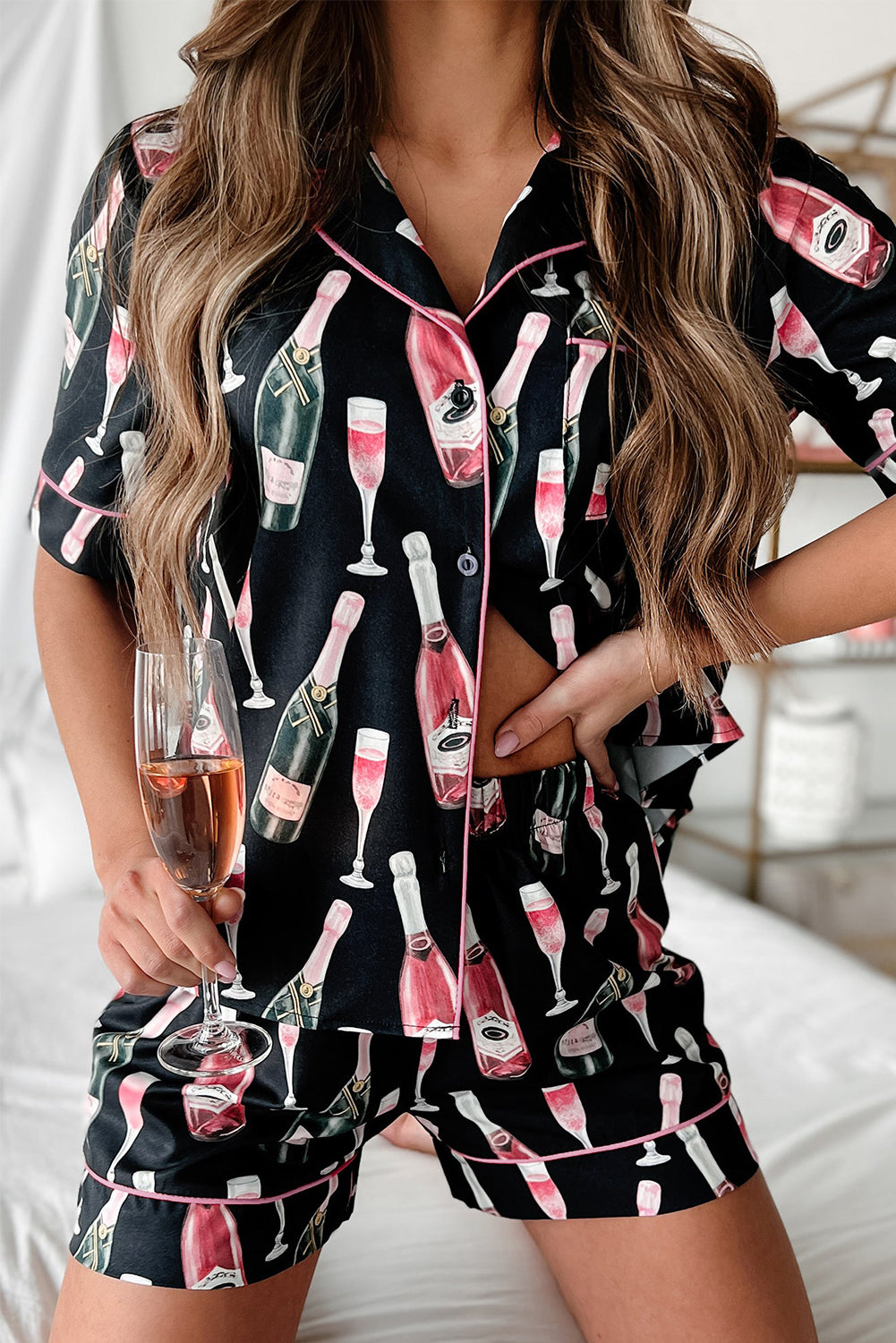 Champagne Print Silky Pajamas Set