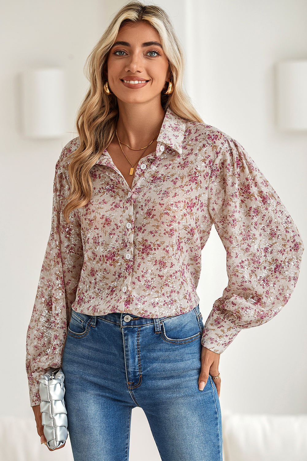 Pink Floral Bishop Sleeve Collared Blouse