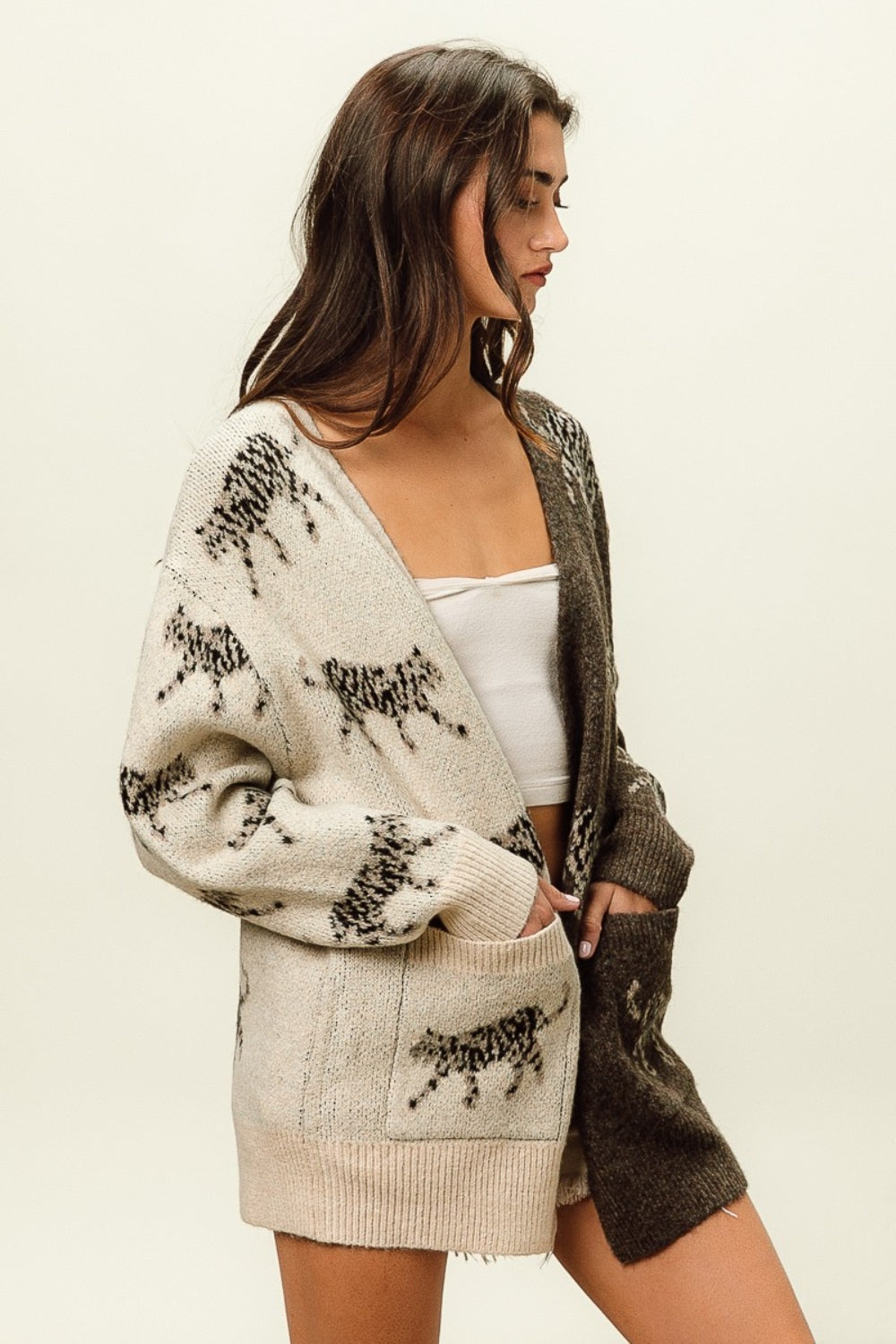 Open Front Long Sleeve Contrast Cardigan with Stylish Tiger Design