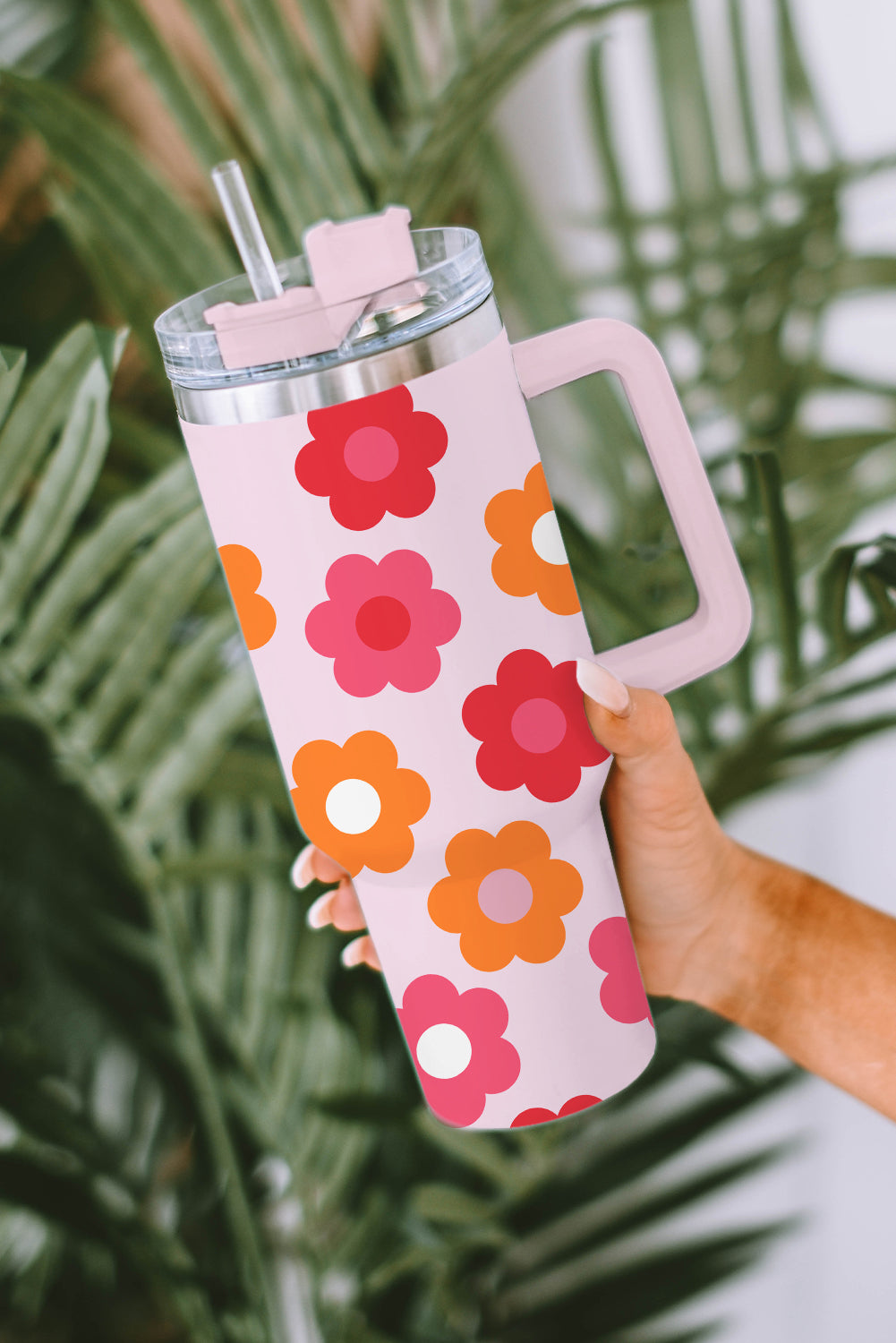 Flower Print Handled Stainless Steel Vacuum Cup 40oz
