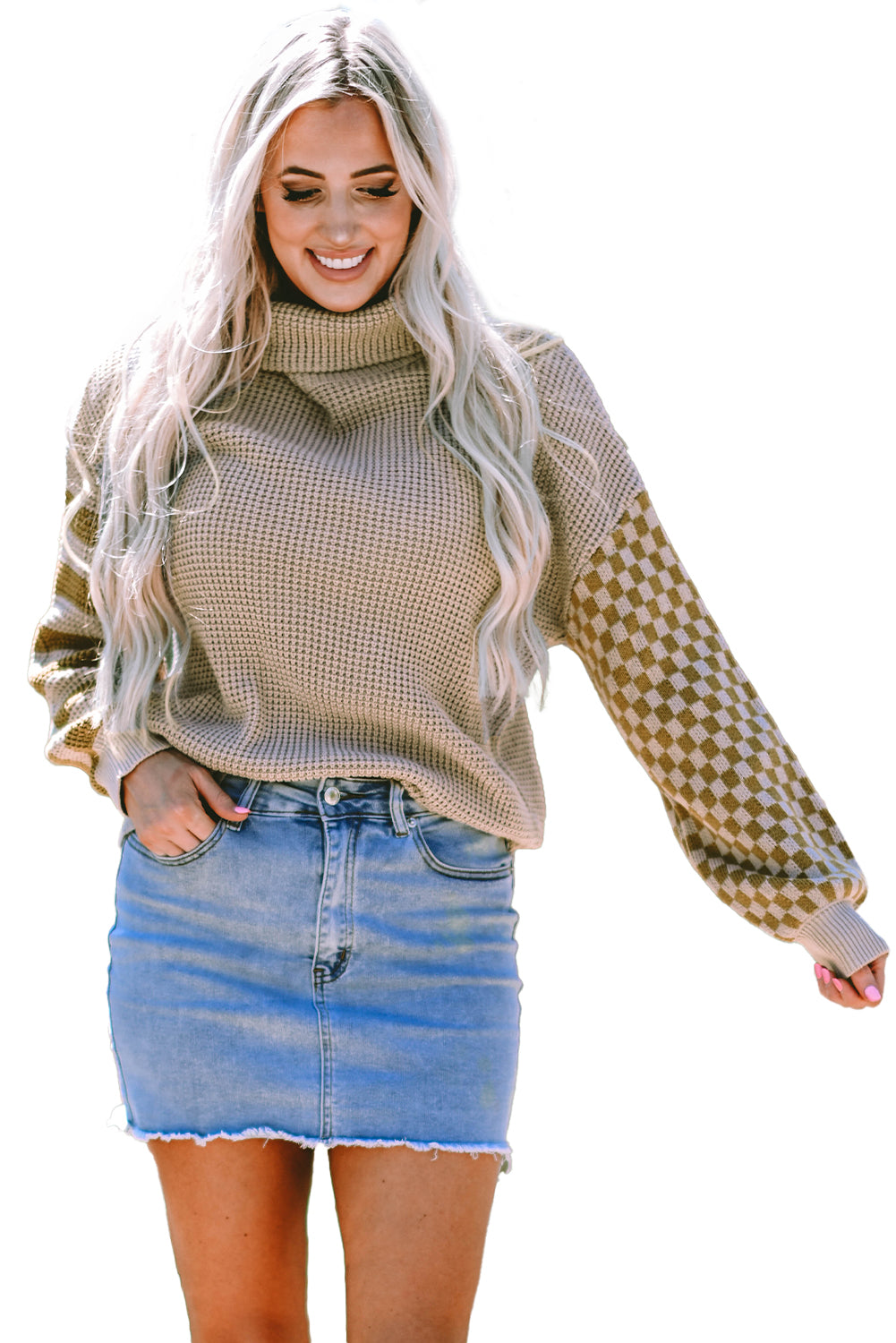 Smoke Gray Striped Plaid Waffle Knit Turtleneck Sweater