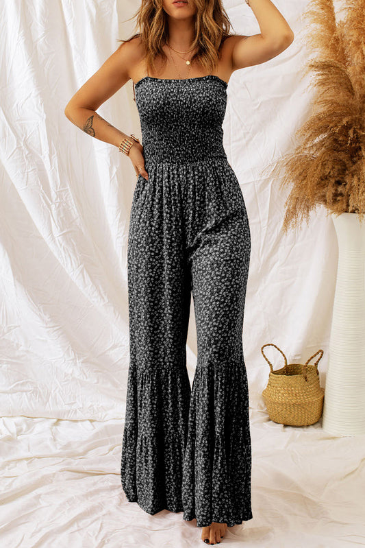 Floral Spaghetti Strap Jumpsuit with Smoked Bodice and Wide Leg