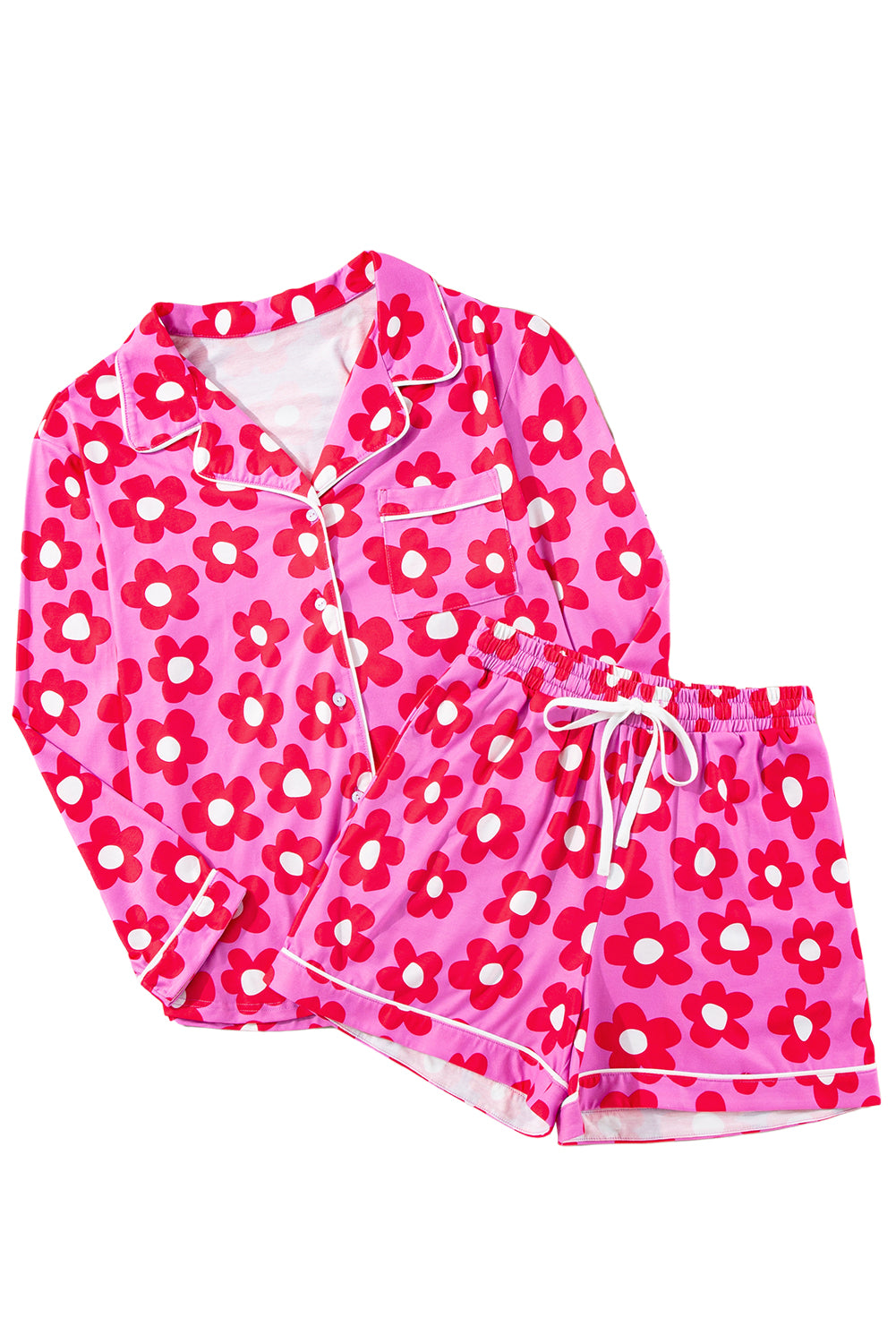 Pink Floral Print Long Sleeve Shirt Shorts Pajamas Set