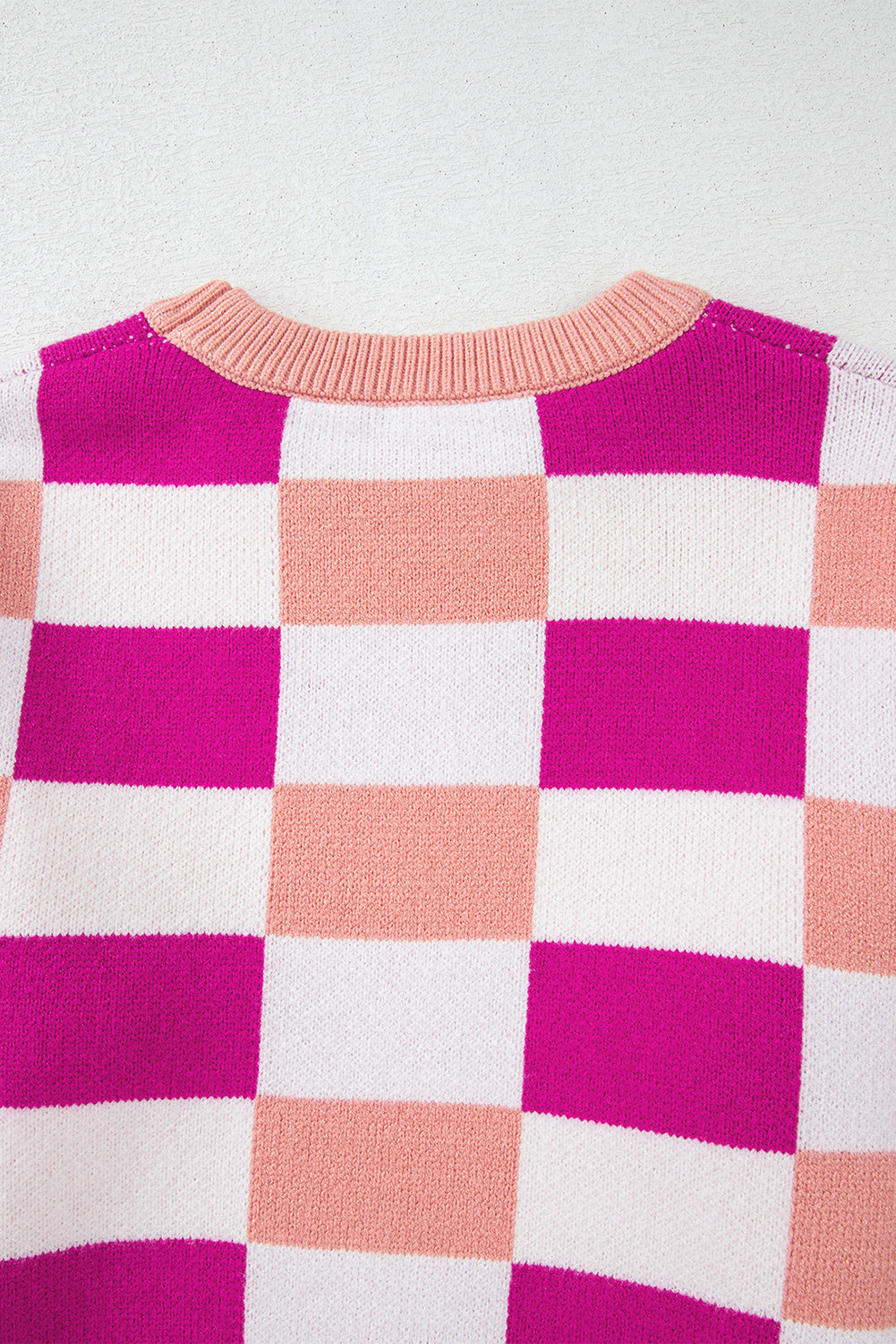 Pink Checkered Ribbed Edge Shoulder Sweater