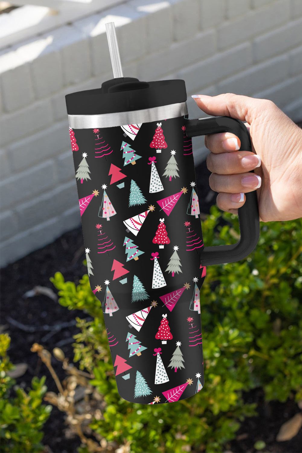 Black Cartoon Christmas Tree Printed 40oz Thermos Cup