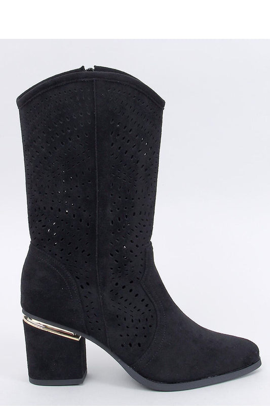 Sassy Black Perforated Mid-Calf Boot with Shiny Heel Detail