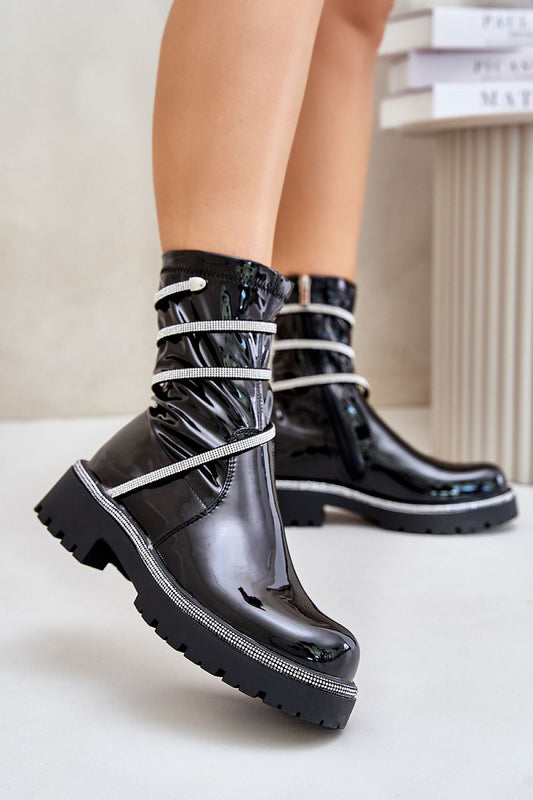 Patent Ankle Boots with Decorative Rhinestones