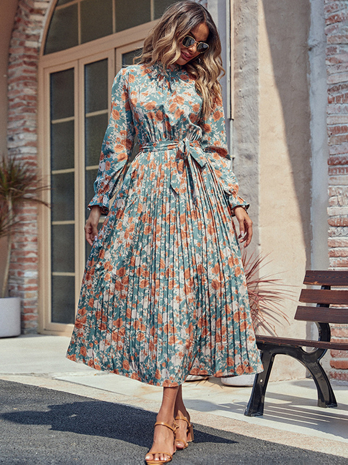 Tied Pleated Floral Printed Mock Neck Long Sleeve Dress
