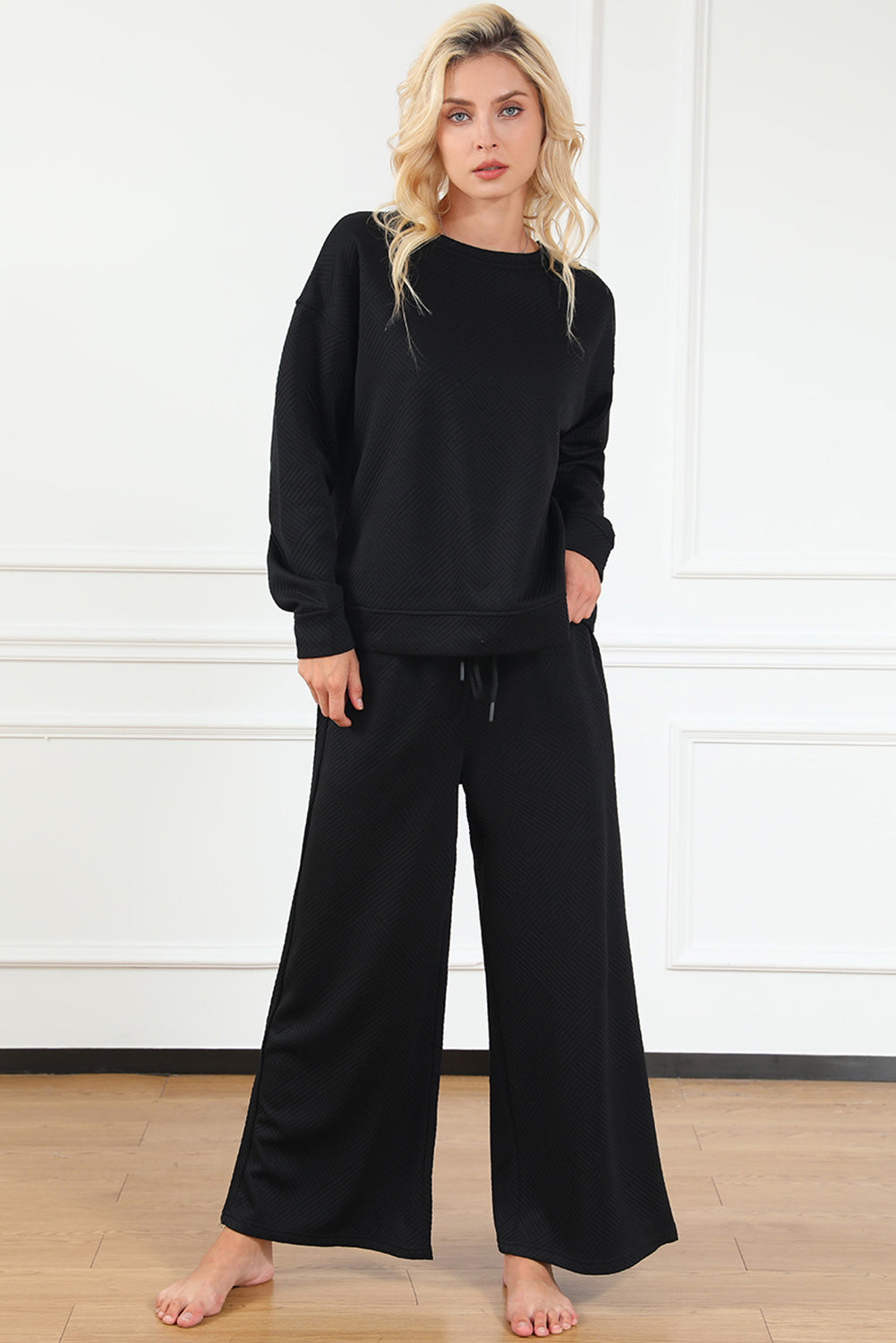 Textured Loose Slouchy Long Sleeve Top and Pants Set