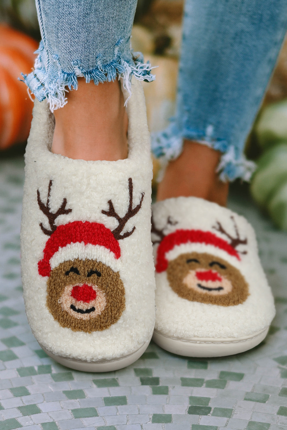 White Christmas Deer Plush Slippers