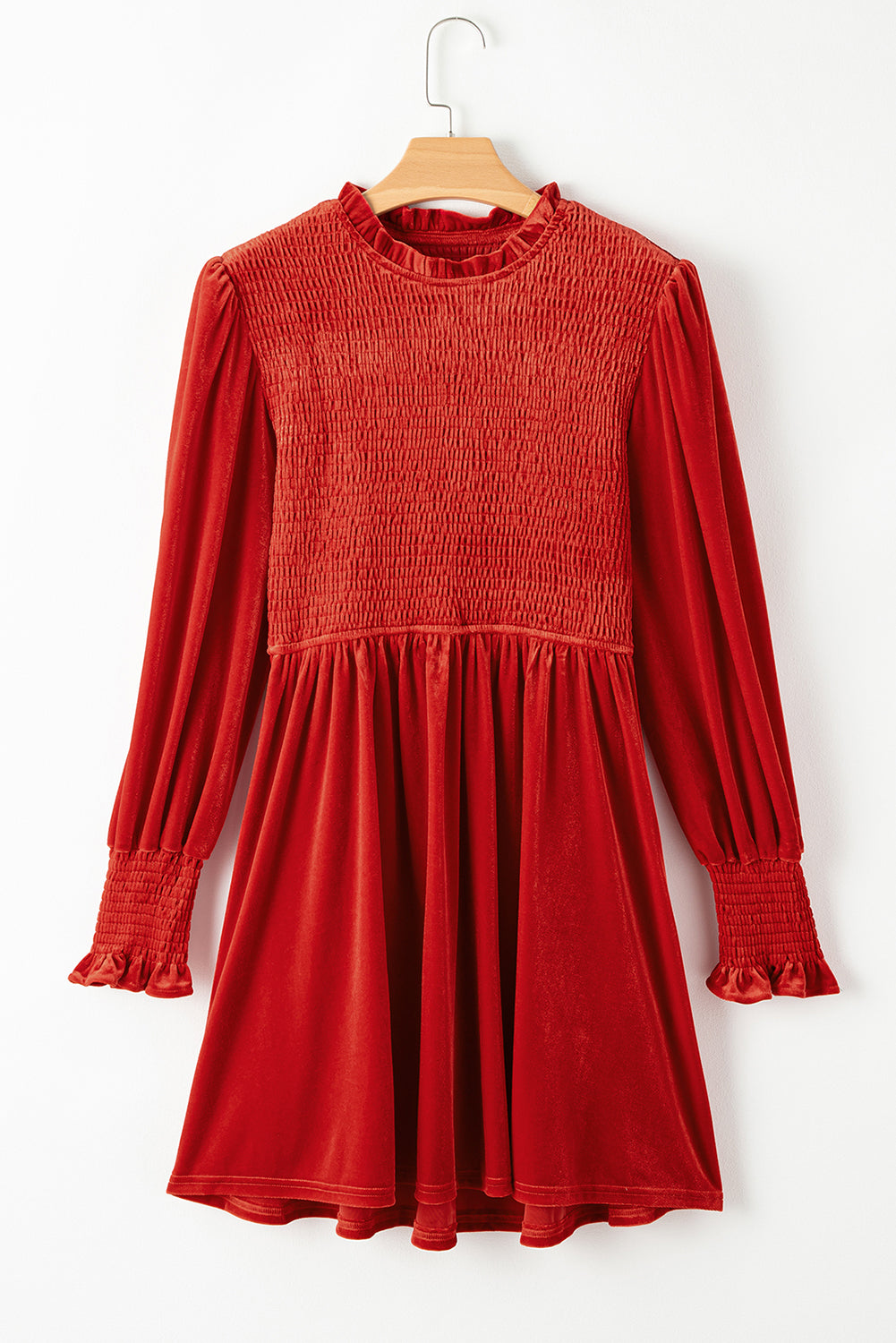Red Smocked Lantern Sleeve Frilled Velvet Dress