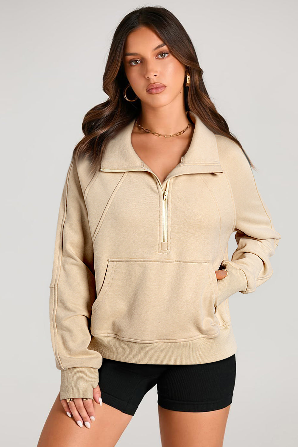 Versatile Stand Neck Quarter Zip Pullover with Kangaroo Pocket