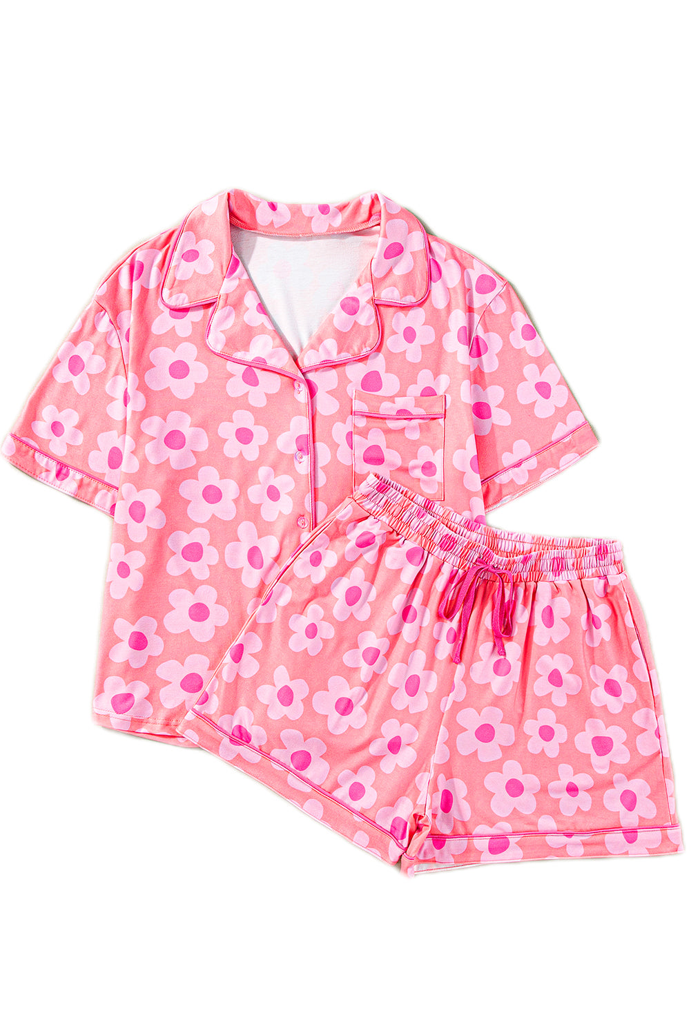 Pink Floral Print Short Sleeve Shirt Pajamas Set