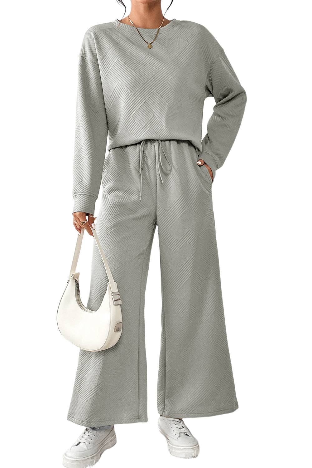 Textured Loose Slouchy Long Sleeve Top and Pants Set